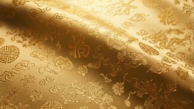 A closeup of draped golden brocade fabric with embroidered East Asian motifs including mythical creatures clouds and geometric medallions