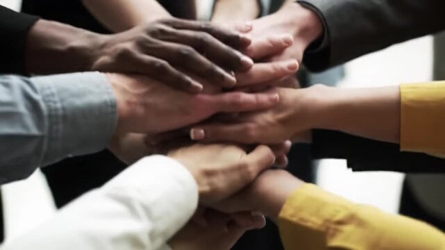 diverse hands, varying skin tones, rings, manicured nails stacking in a huddle in soft, warm cinematic light, blurred bokeh. concept of collective effort and solidarity