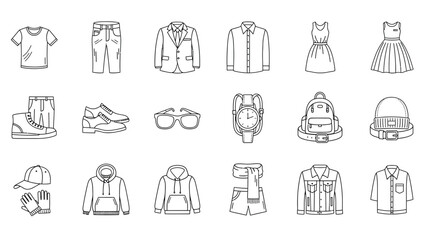 Collection of minimalist line art icons depicting various essential pieces of casual and formal clothing accessories footwear and apparel items for men and women