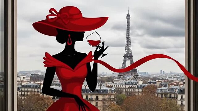 Elegant woman in a red dress holding wine with the Eiffel tower view
