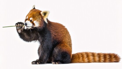 Adorable Red Panda Eating Bamboo on White Background © coor