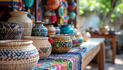 Colorful Handcrafted Baskets and Pottery on Display at an Outdoor Market Stall.