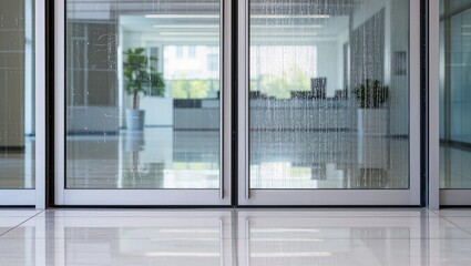 Glass sliding doors at the entrance of a modern office building, covered with water droplets. Transparent facade highlights commercial real estate, workplace access, and corporate architecture