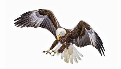 Fototapeta premium Majestic Bald Eagle in Dynamic Flight with Extended Talons on White Background