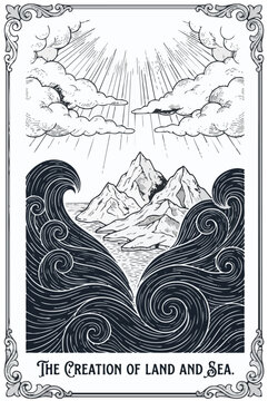 Creation of Light

The Creation of the World, the moment light emerges from darkness, divine rays bursting through heavy clouds, illuminating a chaotic void below, angels and ethereal forms subtly eme