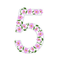 The white number 5 is decorated with an ornament of pink flowers. Computer illustration.
