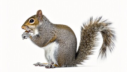 Grey Squirrel Eating Nut, Isolated on White Background