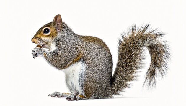 Grey Squirrel Eating Nut, Isolated on White Background