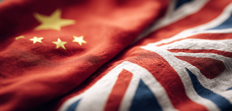 Chinese and british flags exhibiting vibrant fabric textures, detailed stitching, and bold colors symbolizing international relations and cultural exchange