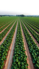 Endless rows of green crops in a farmer's field stretching into the horizon.