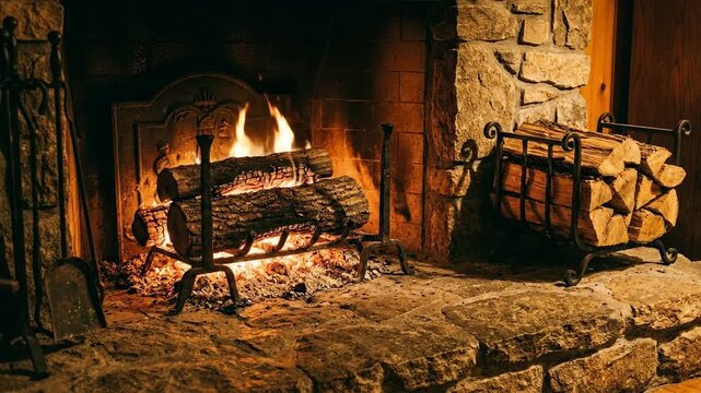 Cozy fireplace with burning logs and stacked firewood, creating a warm and inviting atmosphere for relaxation and comfort