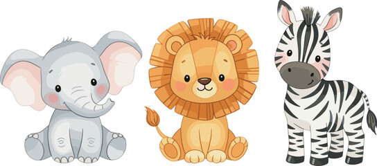 Fototapeta premium Cute Safari Animal Vector Set Featuring Baby Elephant Lion and Zebra Characters for Nursery Wall Art Kids Birthday Invitations and Childrens Educational Illustrations