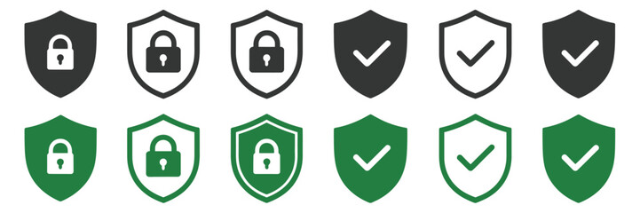 Security shield icons featuring padlocks, check marks, and heart symbols, vector graphics ideal for cyber security, data privacy, software protection, and insurance branding projects. © Vector Gallery