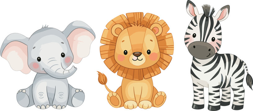 Cute Safari Animal Vector Set Featuring Baby Elephant Lion and Zebra Characters for Nursery Wall Art Kids Birthday Invitations and Childrens Educational Illustrations