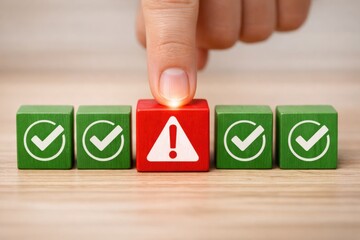 Caution and Vigilance: A single red block marked with a prominent exclamation point stands out amidst a line of green blocks, each displaying a checkmark.