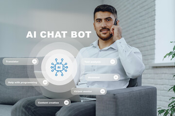 Man using AI chat bot on phone while sitting in modern office space
