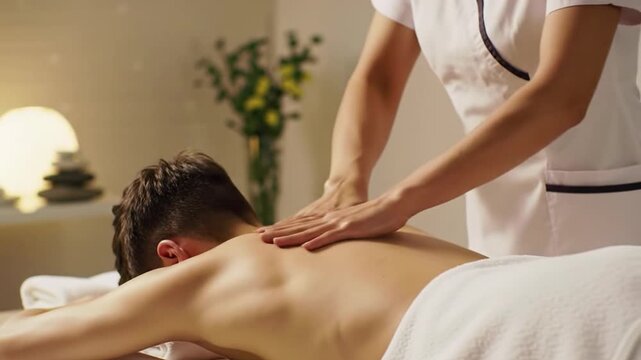 A professional therapist in a light tunic massages a gender-neutral client's upper back on a pristine table in a luxurious spa. Soft lighting, creamy bokeh, gimbal tracking video. Deep relaxation and