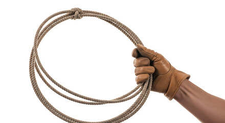 Obraz premium A gloved hand firmly grips a coiled lariat, symbolizing enduring skill and rugged spirit of western culture and ranch life on a clean white background