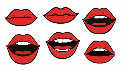 Retro comic red lips pop art vector illustration set