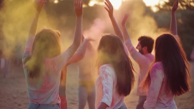 Rear view of young friends celebrating Holi festival dancing with colorful powder at sunset