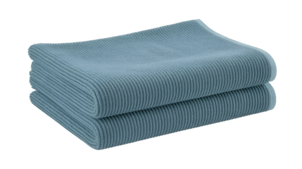Stack of two folded blue ribbed knit blankets isolated on transparent white background