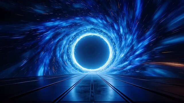 Sci-fi wormhole tunnel with blue spiral light on grid floor