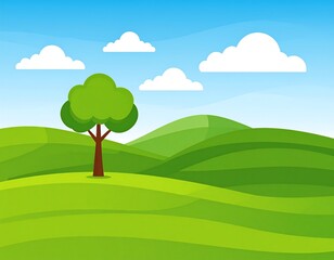 Obraz premium Cartoon-style illustration grassy hills, a tree, puffy white clouds, blue sky