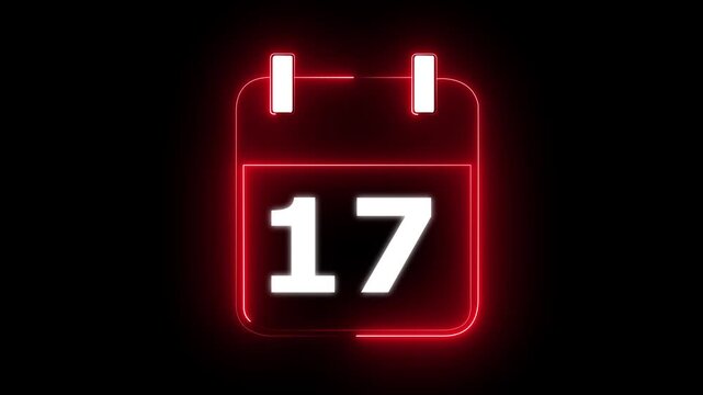 Glowing neon calendar date 17 symbol for deadline and planning. neon calendar icon deadline date animation. Neon line calendar icon animation for date reminder and schedule.