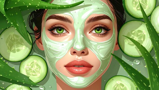 Digital art of a person with a face mask, cucumber slices, and aloe vera