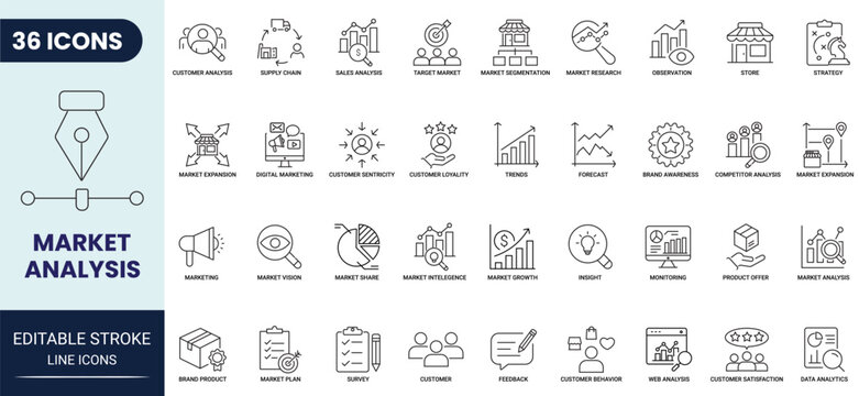 Market analysis line icon set. Includes market, growth, feedback, trends, market, research, strategy, and more. Editable stroke. Vector illustration.
