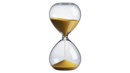 Hourglass with flowing golden sand symbolizing time passing isolated on transparent white background
