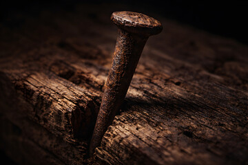 Close-up view of a rusted nail embedded in weathered wood, showcasing texture and decay in a dimly lit environment