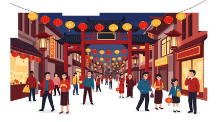 Illustration of people celebrating Chinese New Year in a vibrant street scene with red and yellow lanterns, dragon character decorations, and a lively atmosphere in the United States. © NanzZ