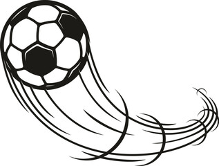 Moving football or soccer ball with motion trail for sport design, vector icon. Football game soccer ball with trails of kick to goal moving with speed in fast movement for championship league or team © Seavector