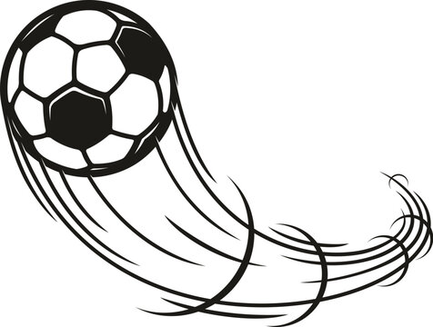 Moving football or soccer ball with motion trail for sport design, vector icon. Football game soccer ball with trails of kick to goal moving with speed in fast movement for championship league or team