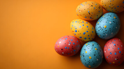 Colorful Easter eggs arranged on an orange background for celebration and decoration during spring festivals
