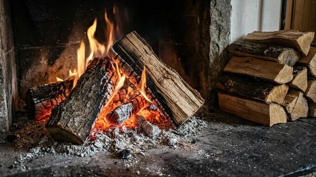 Bright, crackling flames illuminate burning logs and glowing embers in a cozy stone fireplace, providing warmth and comfort, with a neat stack of firewood nearby for replenishment