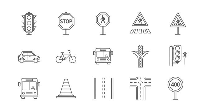 Kumpulan ikon garis tipis lalu lintas dan transportasi. Koleksi rambu keselamatan jalan dan simbol kendaraan. Garis luar vektor mobil, bus, rambu berhenti, lampu lalu lintas, batas kecepatan
