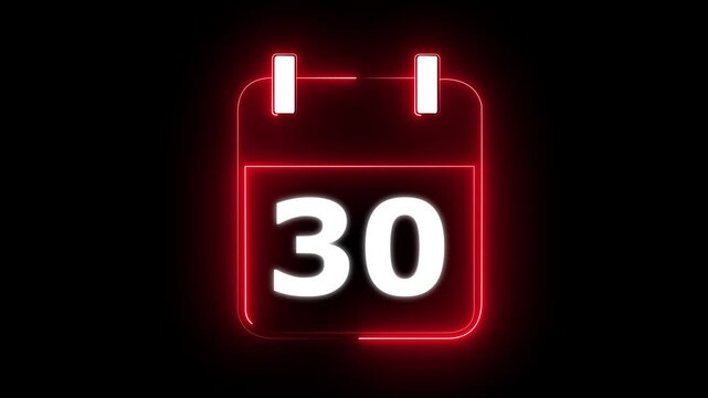Glowing neon calendar date 30 symbol for deadline and planning. neon calendar icon deadline date animation. Neon line calendar icon animation for date reminder and schedule.