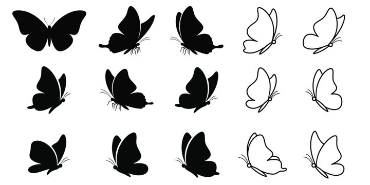 set of vector silhouettes of butterflies