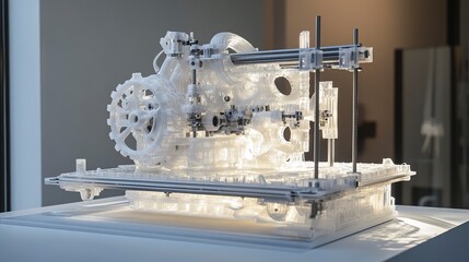 Modern machine design displayed in a gallery setting with clear structure and intricate details