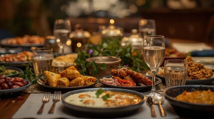 A warm and inviting Ramadan iftar table beautifully arranged with traditional dishes, fresh fruits, dates, water, and savory foods, captured in soft golden indoor lighting that reflects togetherness, 