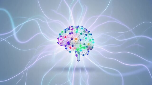 Colorful neural network brain model with glowing energy waves abstract background science