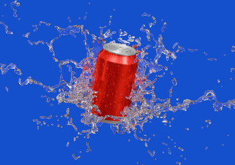 Red aluminum soda can with water splashes in air on blue background