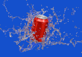 Red aluminum soda can with water splashes in air on blue background