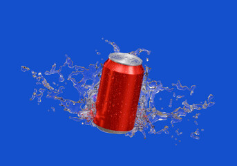 Red aluminum soda can with water splashes in air on blue background