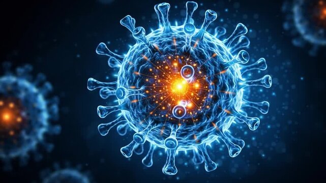 Virus dna bio immune medical cell structure glowing core illustration concept for health research and science background with microscopic blue infection particle pathogen outbreak epidemic organism