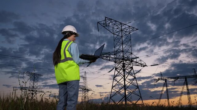 Utility worker standing under power pylons, Professional analyzing electric towers, Fieldwork by energy specialist, Safety helmet and high visibility, Wireless data collection on the go, Engineer