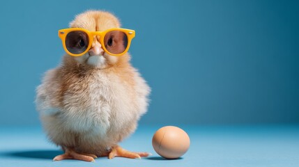 Obraz premium adorable yellow chick wearing sunglasses holding colorful easter egg on bright blue background, cute spring holiday decoration, playful seasonal celebration concept