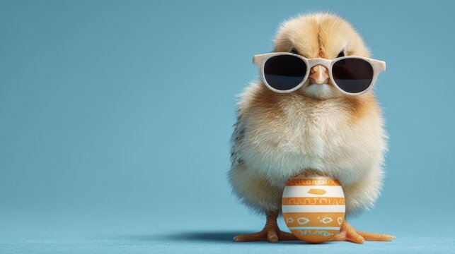 adorable yellow chick wearing sunglasses holding colorful easter egg on bright blue background, cute spring holiday decoration, playful seasonal celebration concept